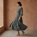 Charcoal Grey Warm Cotton Flannel Boat Neck Maxi Dress with Kimono Sleeves