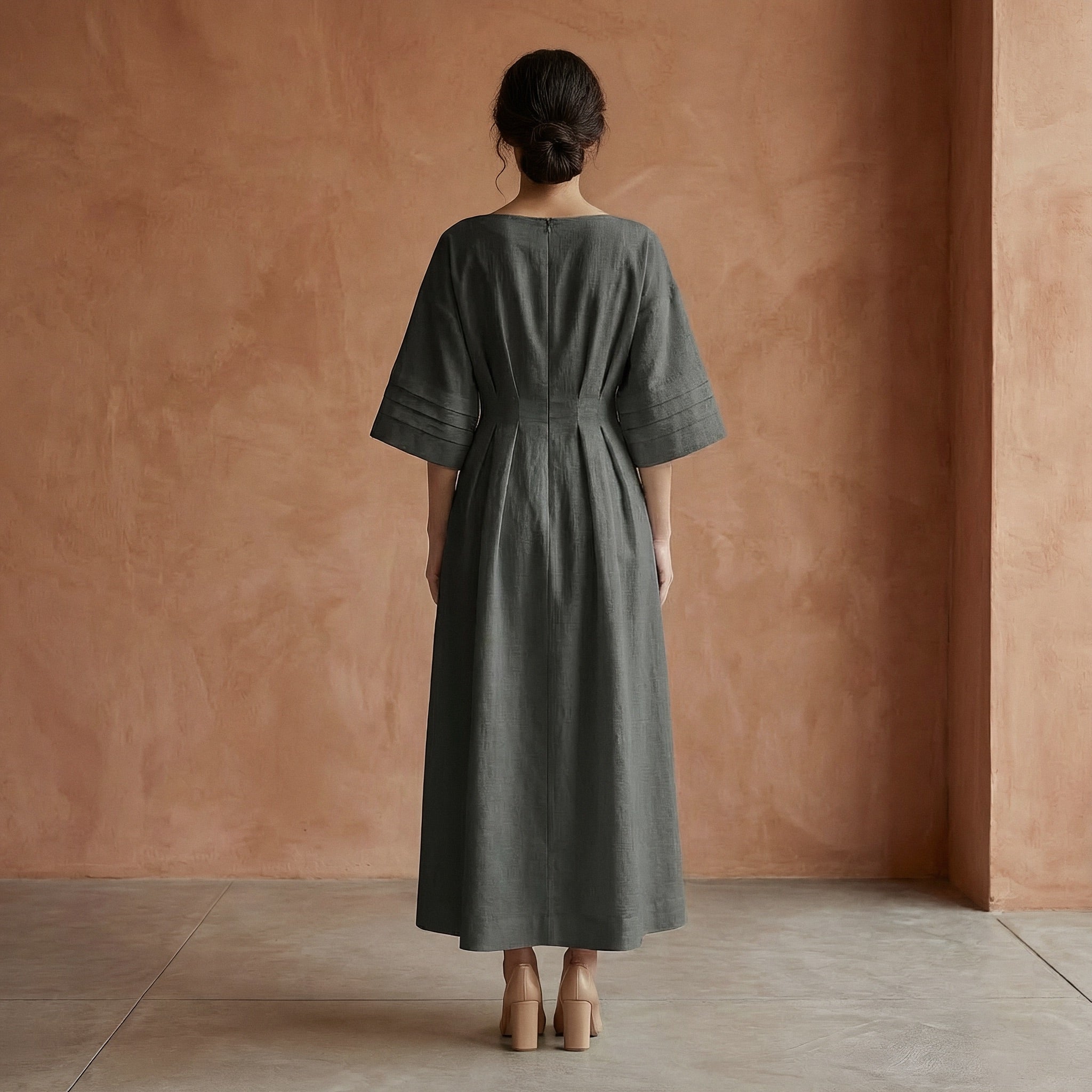 Charcoal Grey Warm Cotton Flannel Boat Neck Maxi Dress with Kimono Sleeves
