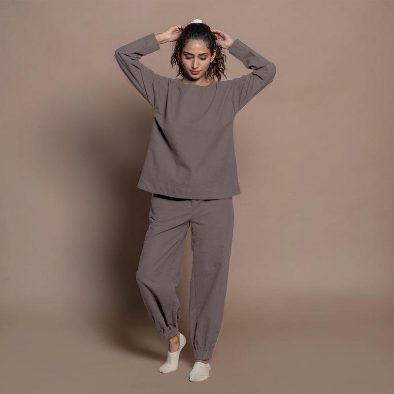 Front View of a Model wearing Charcoal Grey Warm Cotton Flannel Elasticated High-Rise Jogger Pant