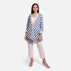 Front Detail of a Model wearing Sanganeri Checks Block Printed Shawl Collar Cotton Shrug