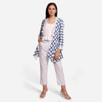 Front View of a Model wearing Sanganeri Checks Block Printed Shawl Collar Cotton Shrug