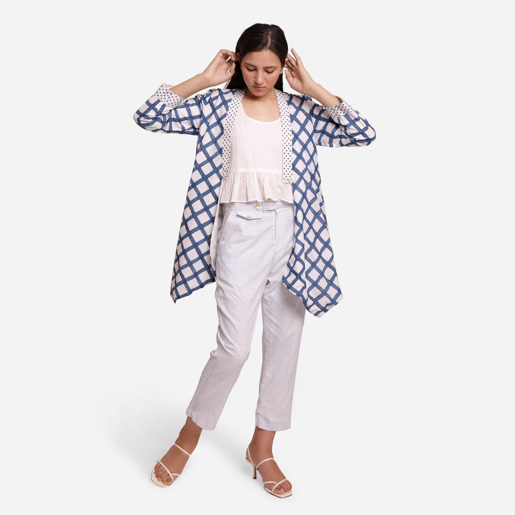 Front View of a Model wearing Sanganeri Checks Block Printed Shawl Collar Cotton Shrug