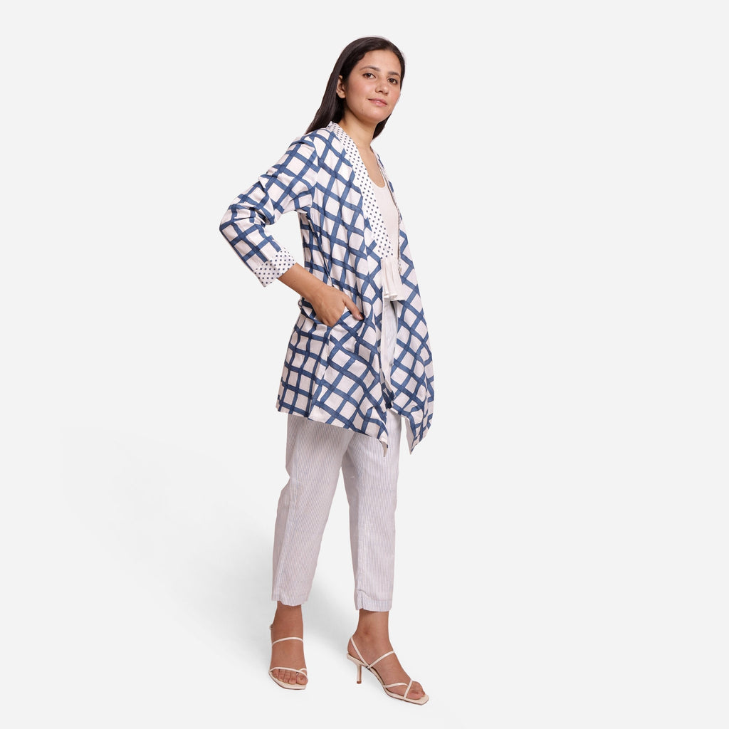 Right View of a Model wearing Sanganeri Checks Block Printed Shawl Collar Cotton Shrug