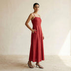 Cherry Red Cotton Ankle Length Flared Sundress