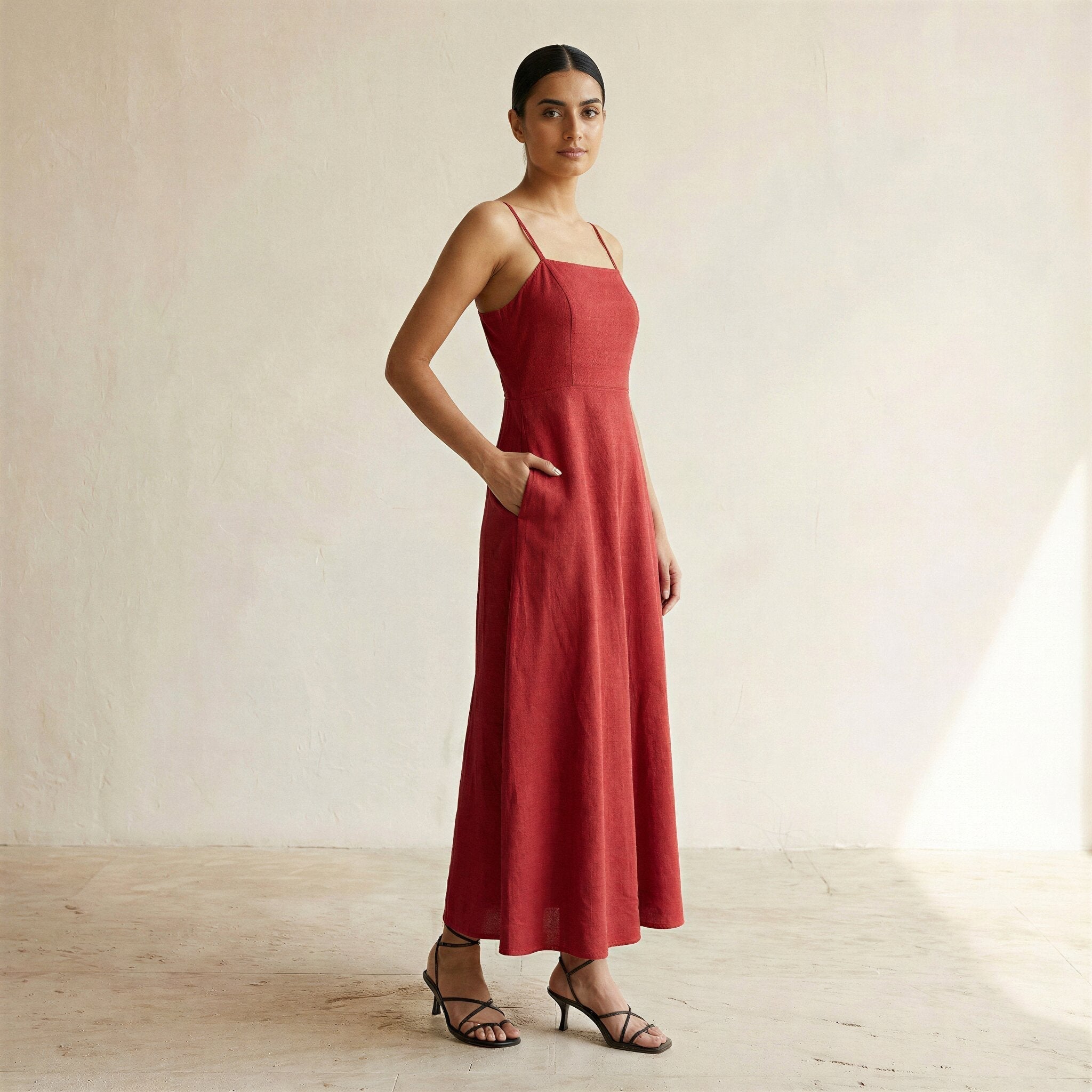 Cherry Red Cotton Ankle Length Flared Sundress