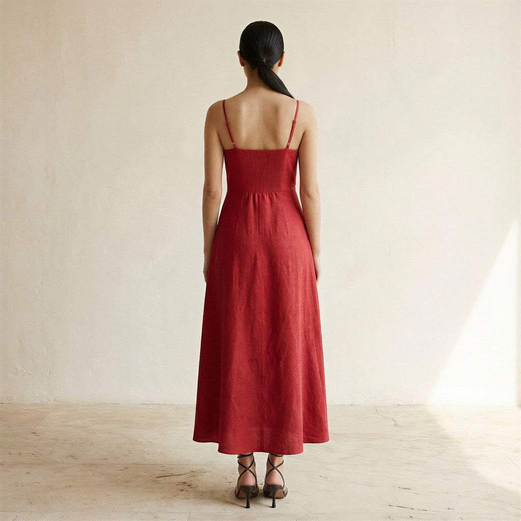 Cherry Red Cotton Ankle Length Flared Sundress