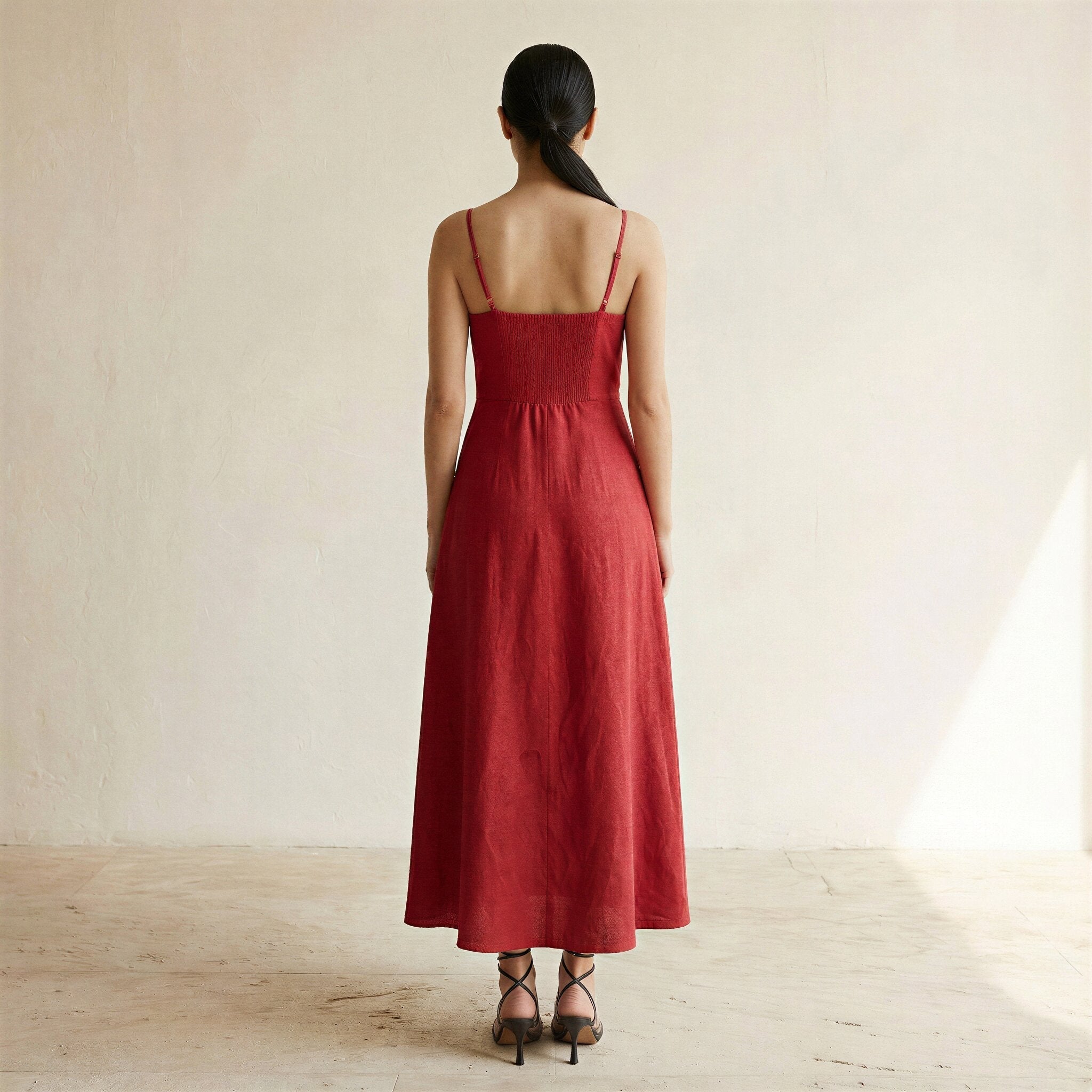 Cherry Red Cotton Ankle Length Flared Sundress