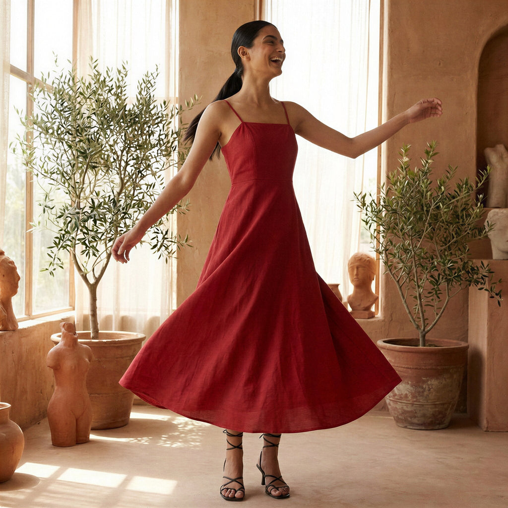 Cherry Red Cotton Ankle Length Flared Sundress