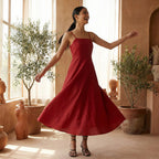 Cherry Red Cotton Ankle Length Flared Sundress