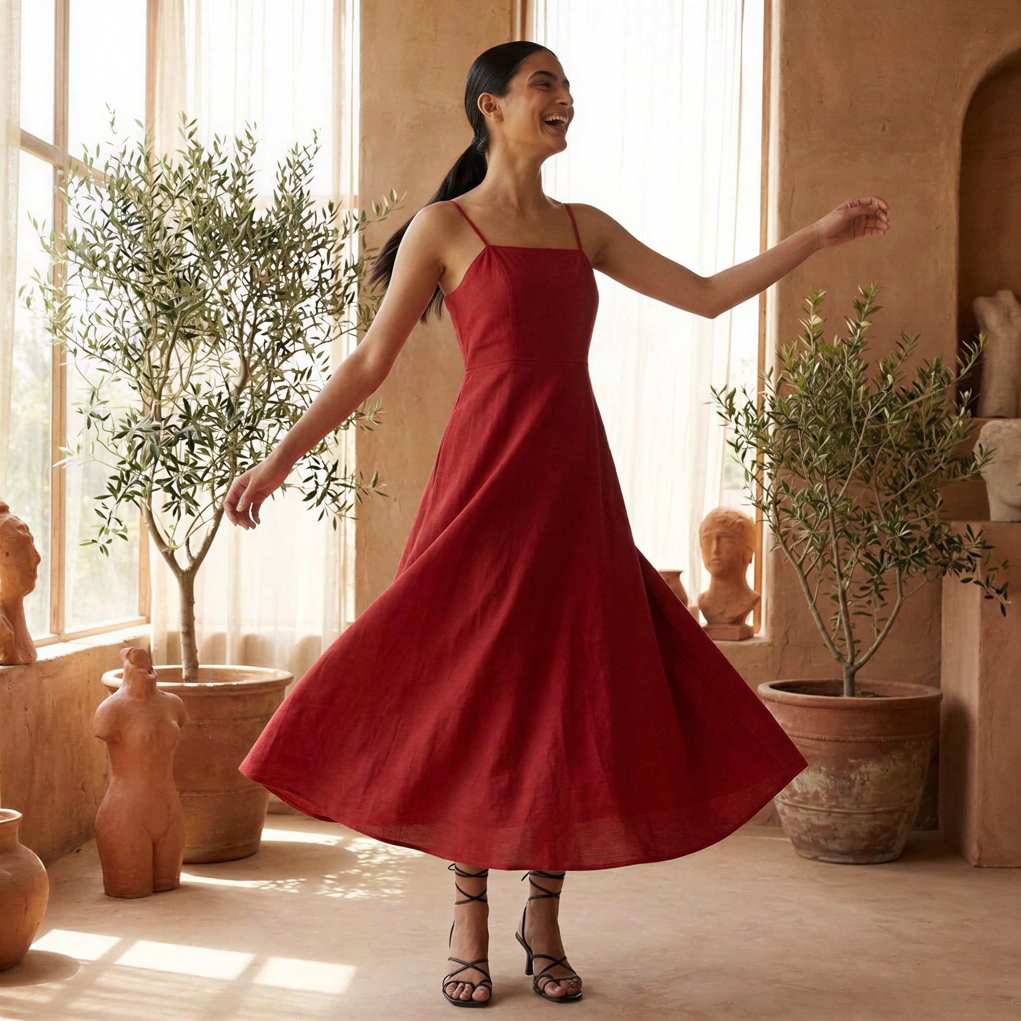 Cherry Red Cotton Ankle Length Flared Sundress