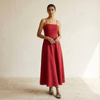 Cherry Red Cotton Ankle Length Flared Sundress