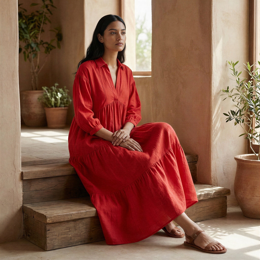 Cherry Red Cotton Deep-V Maxi Tier Dress