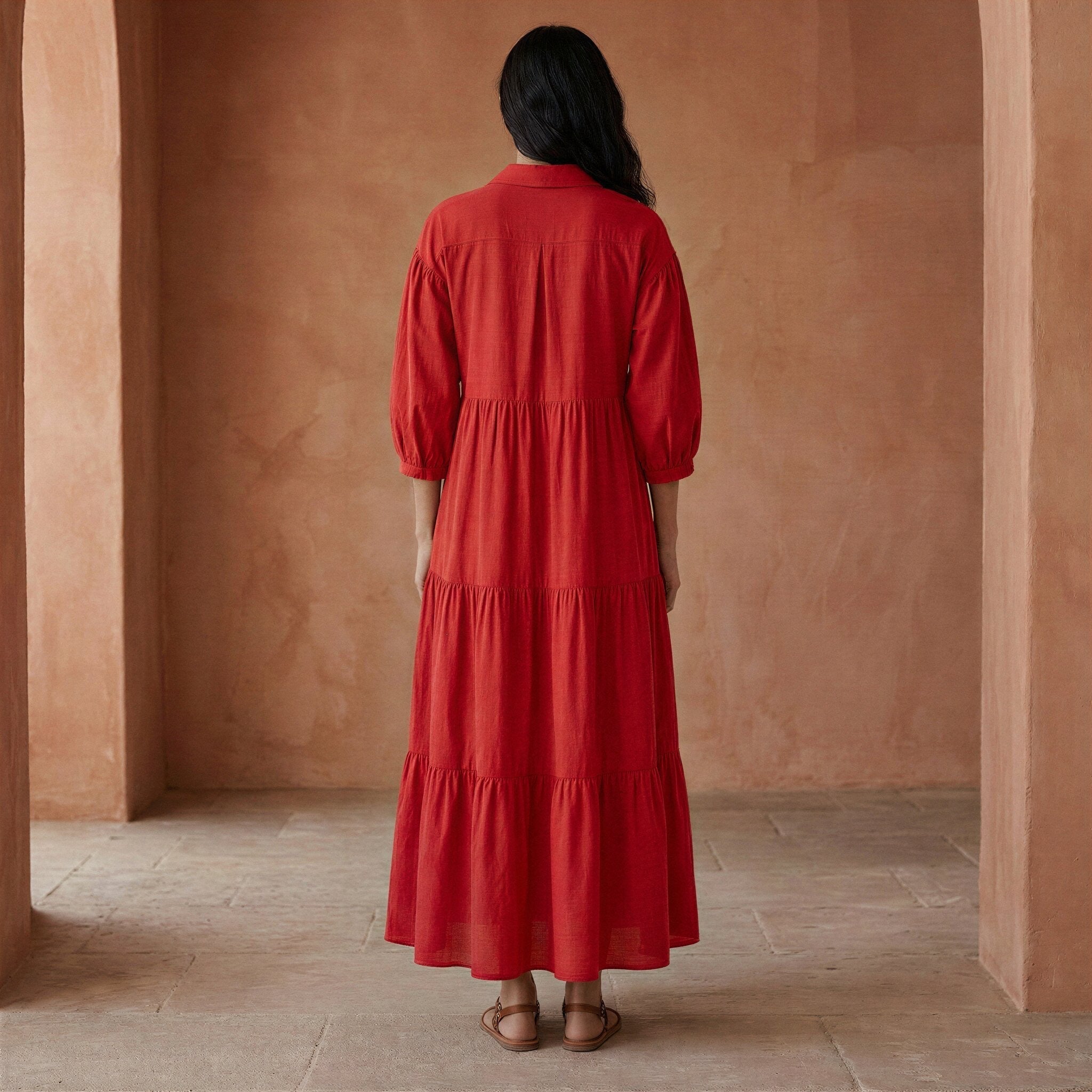 Cherry Red Cotton Deep-V Maxi Tier Dress