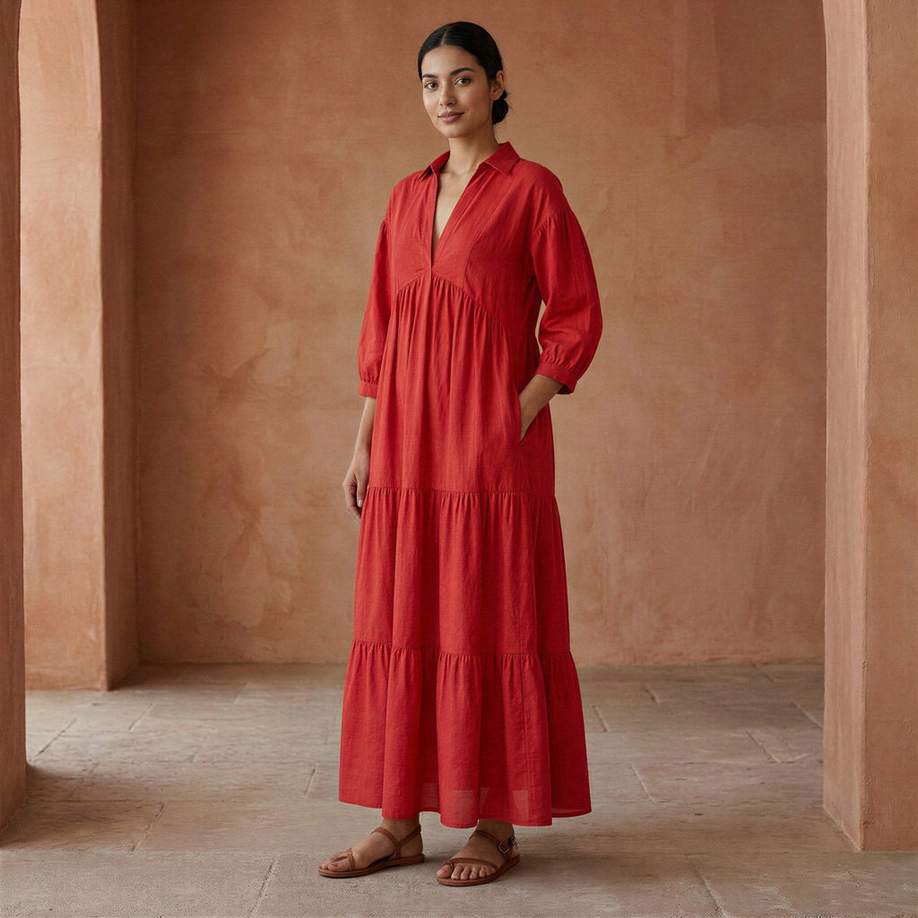 Cherry Red Cotton Deep-V Maxi Tier Dress