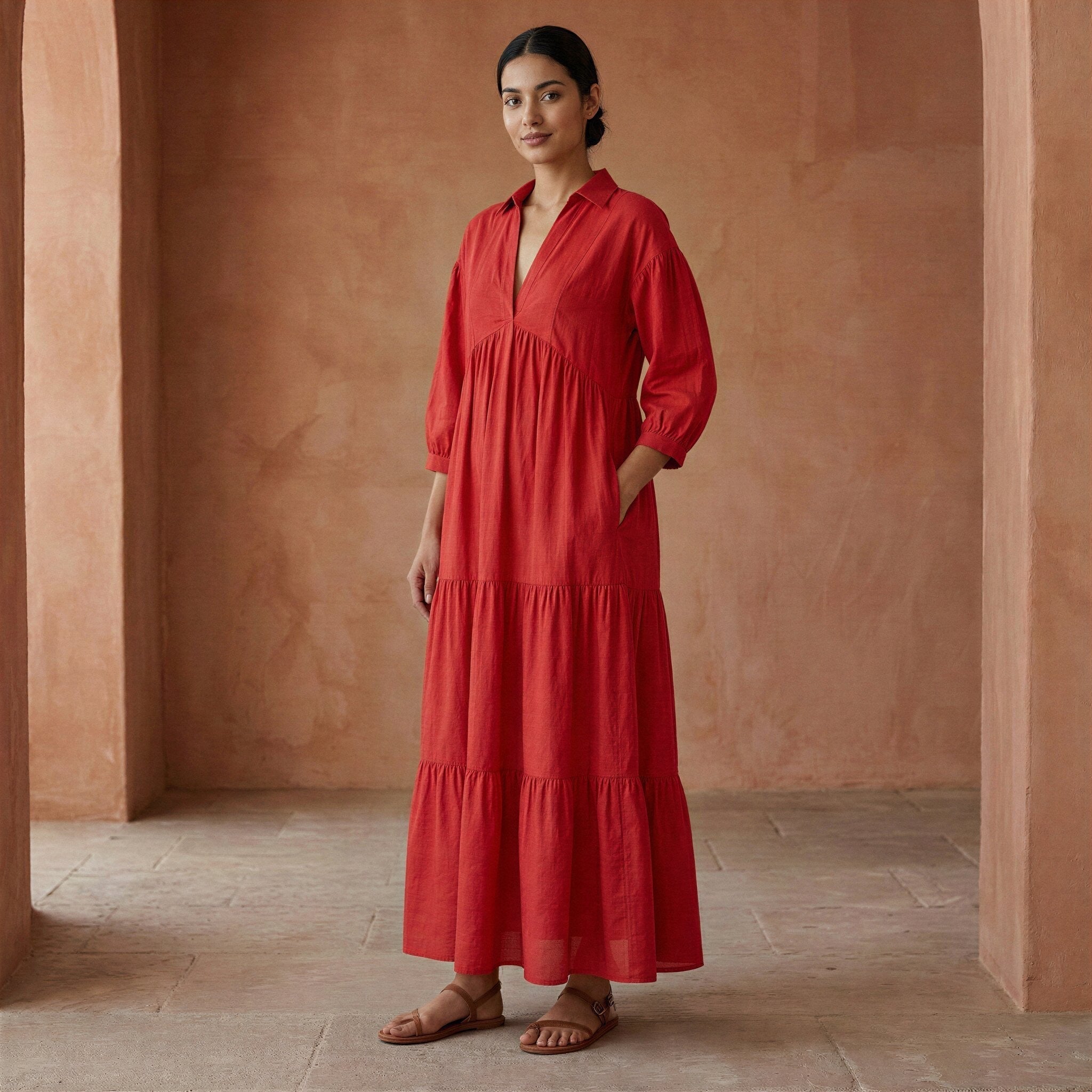 Cherry Red Cotton Deep-V Maxi Tier Dress