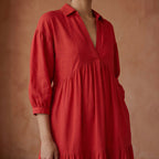 Cherry Red Cotton Deep-V Maxi Tier Dress
