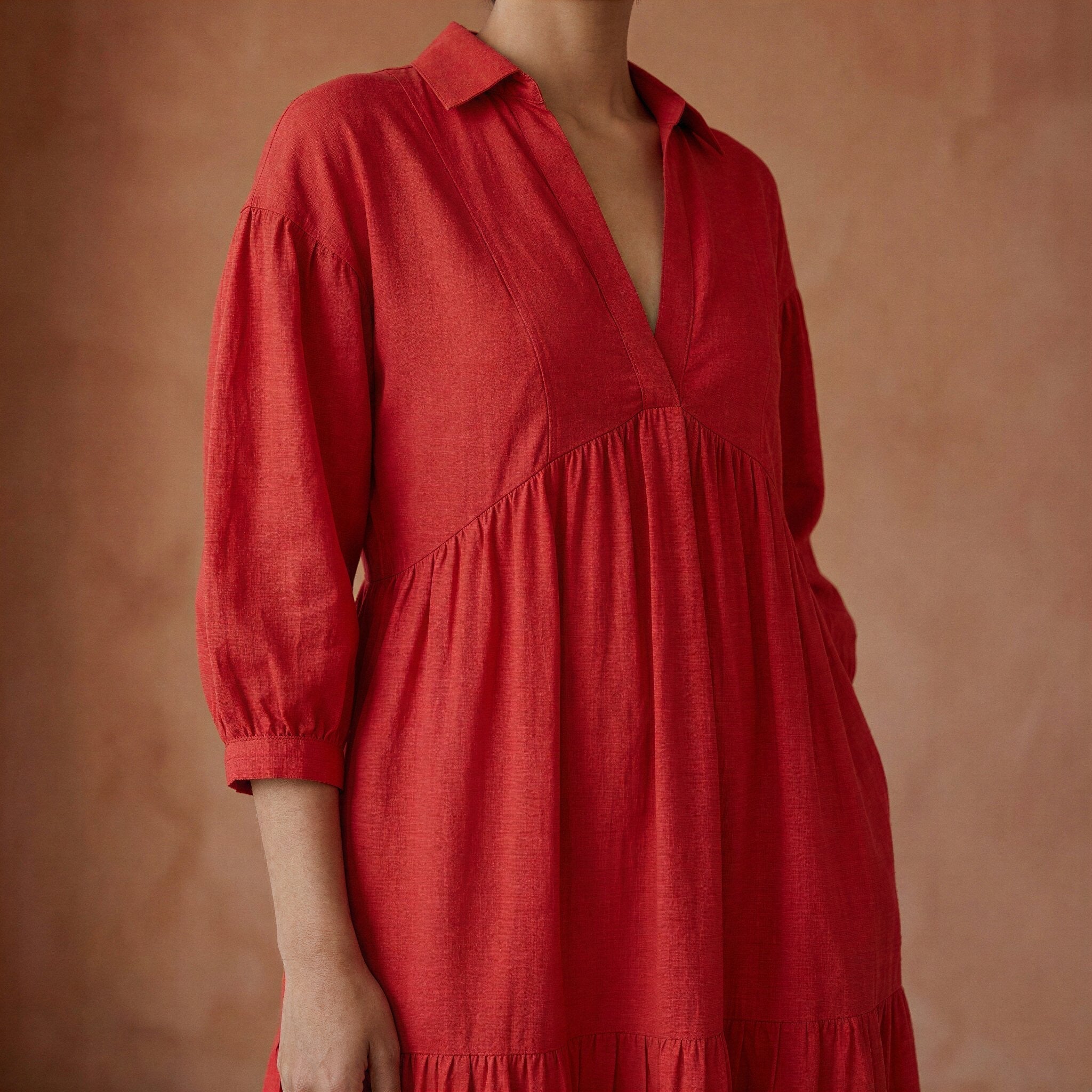 Cherry Red Cotton Deep-V Maxi Tier Dress