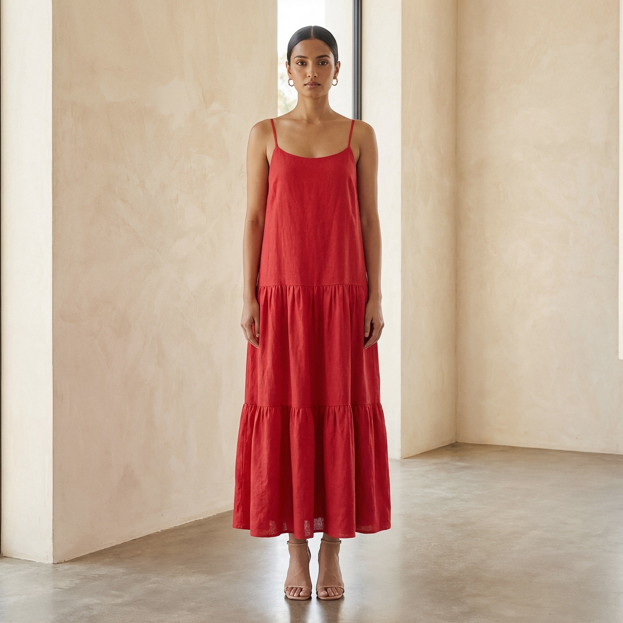 Cherry Red Cotton Drop-Waist Camisole Maxi Tier Dress