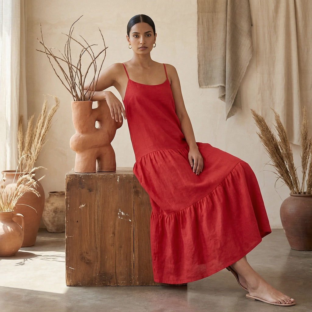 Cherry Red Cotton Drop-Waist Camisole Maxi Tier Dress