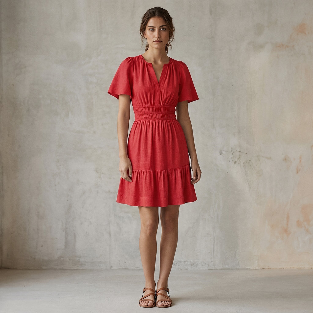 Cherry Red Cotton Elasticated Short Tier Dress