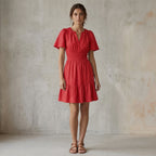 Cherry Red Cotton Elasticated Short Tier Dress
