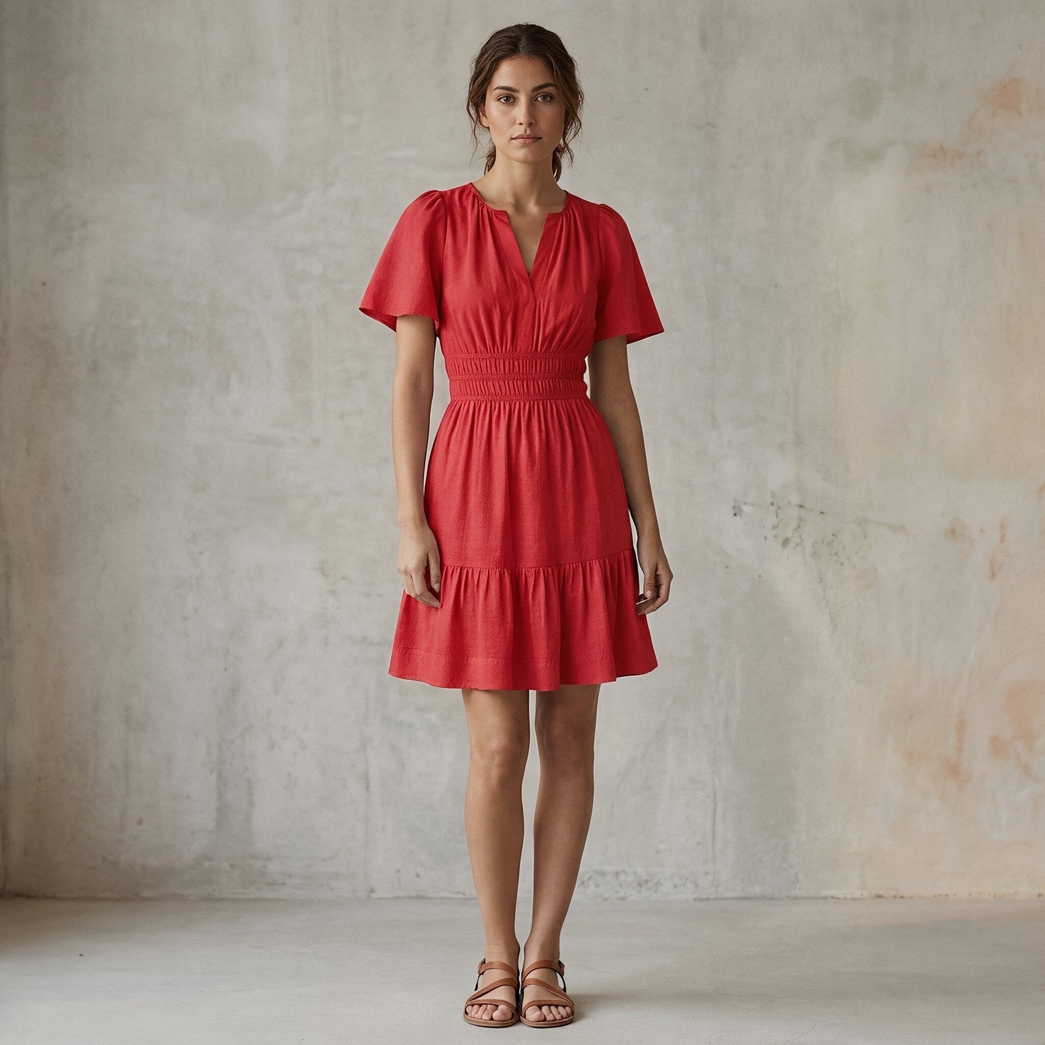 Cherry Red Cotton Elasticated Short Tier Dress