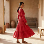 Cherry Red Cotton Fit and Flare Maxi Tier Dress
