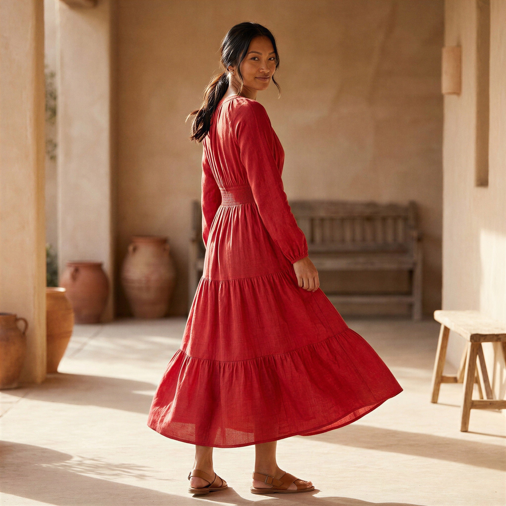 Cherry Red Cotton Fit and Flare Maxi Tier Dress