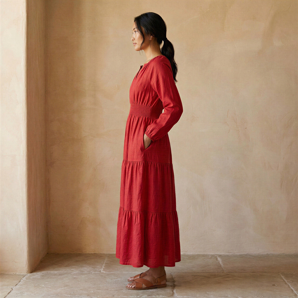 Cherry Red Cotton Fit and Flare Maxi Tier Dress