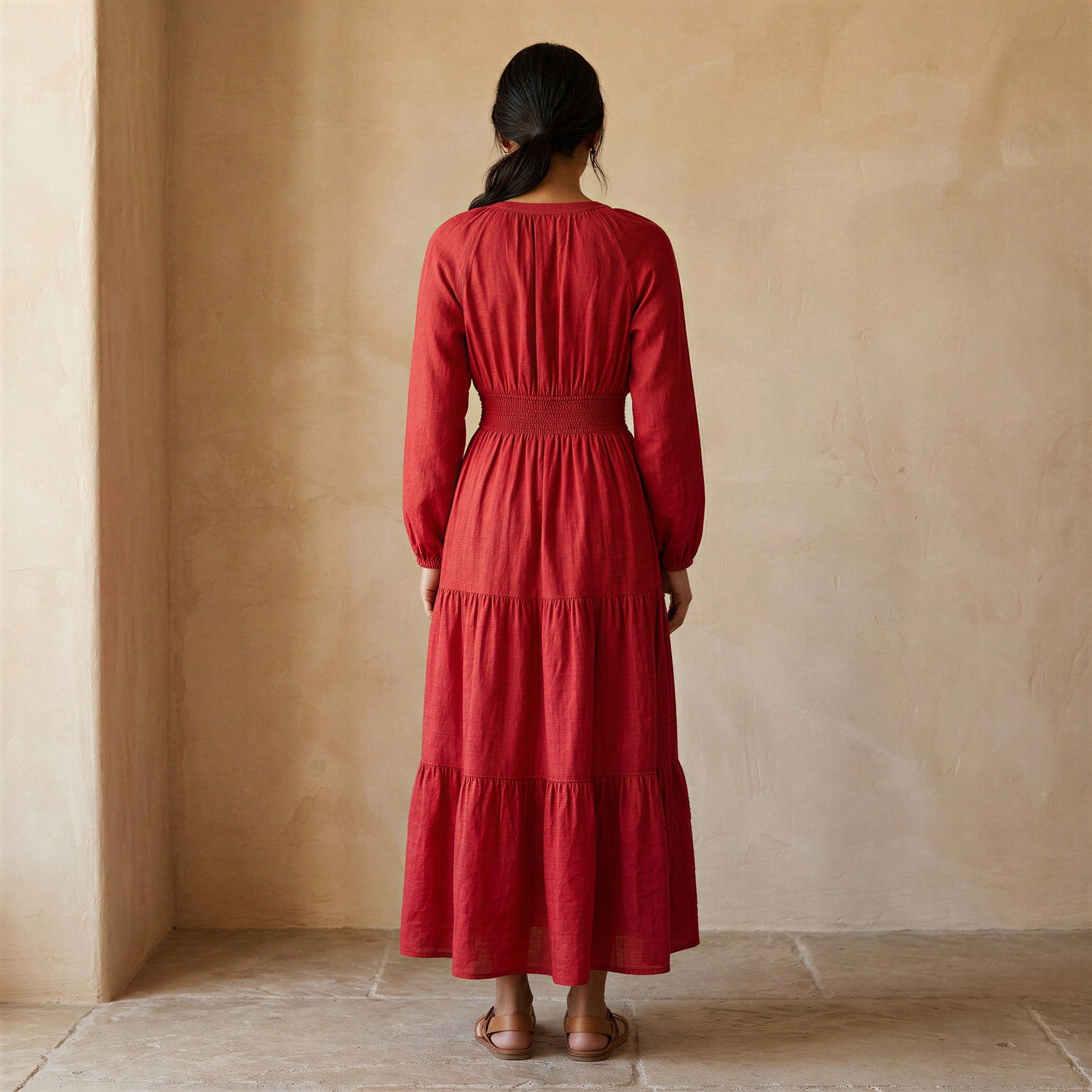 Cherry Red Cotton Fit and Flare Maxi Tier Dress