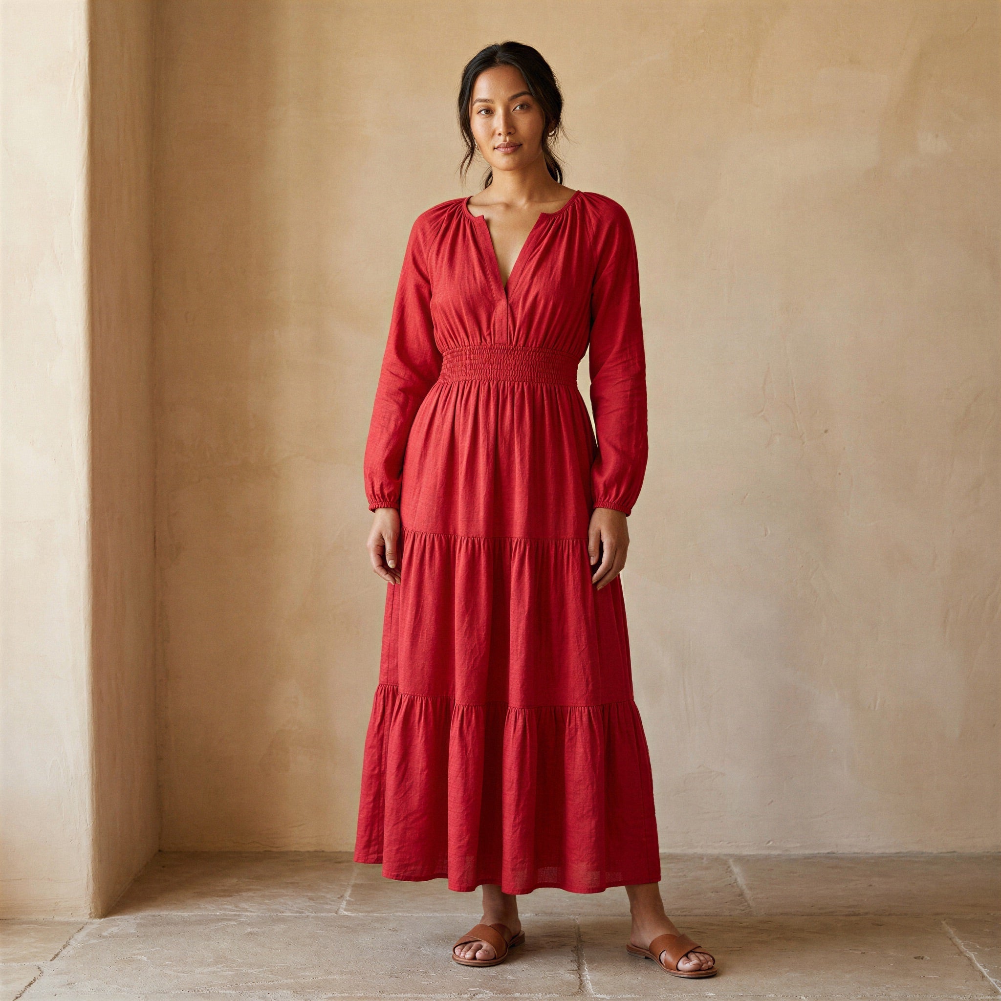 Cherry Red Cotton Fit and Flare Maxi Tier Dress