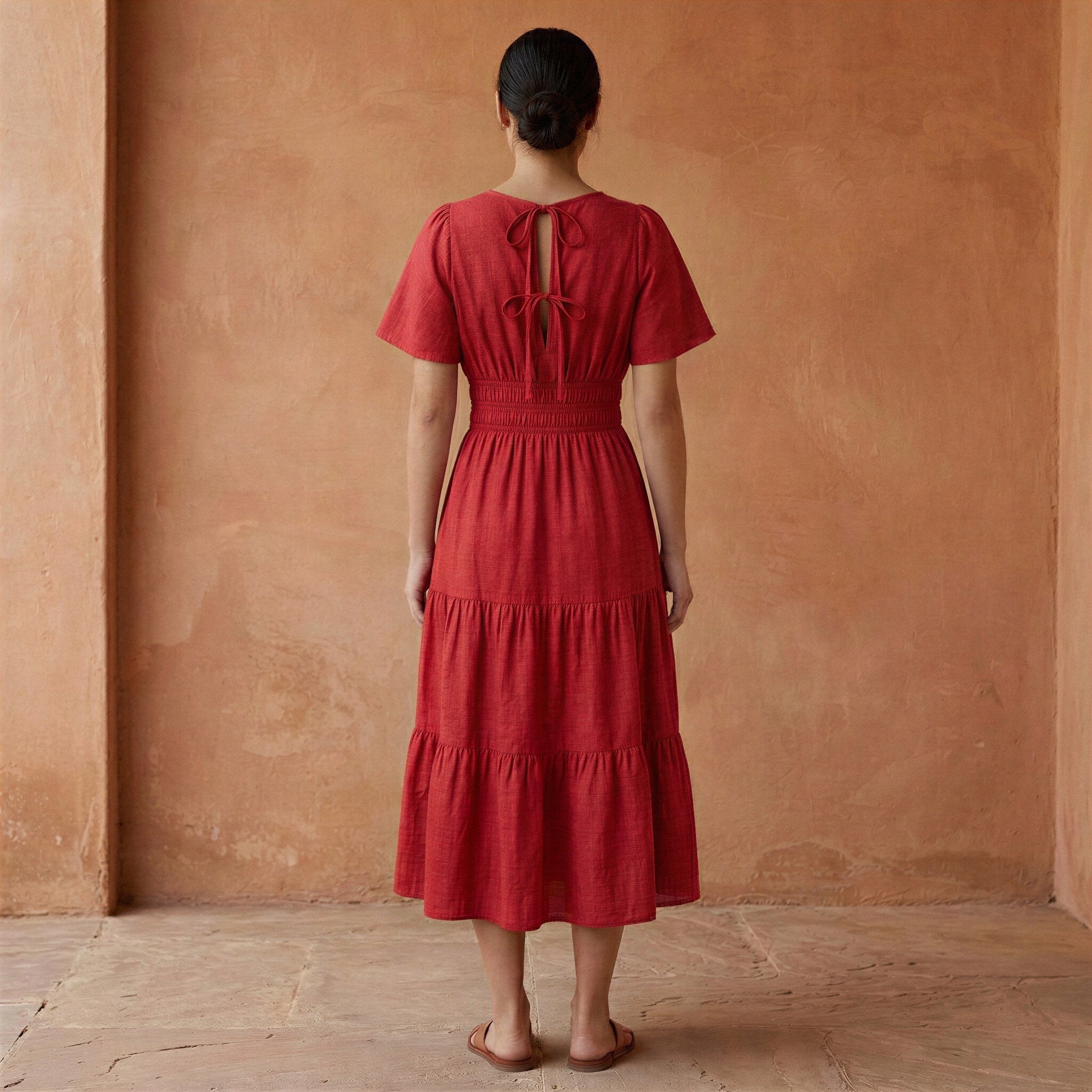 Cherry Red Cotton Flutter Sleeve Tie-Back Tiered Midi Dress