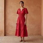 Cherry Red Cotton Flutter Sleeve Tie-Back Tiered Midi Dress
