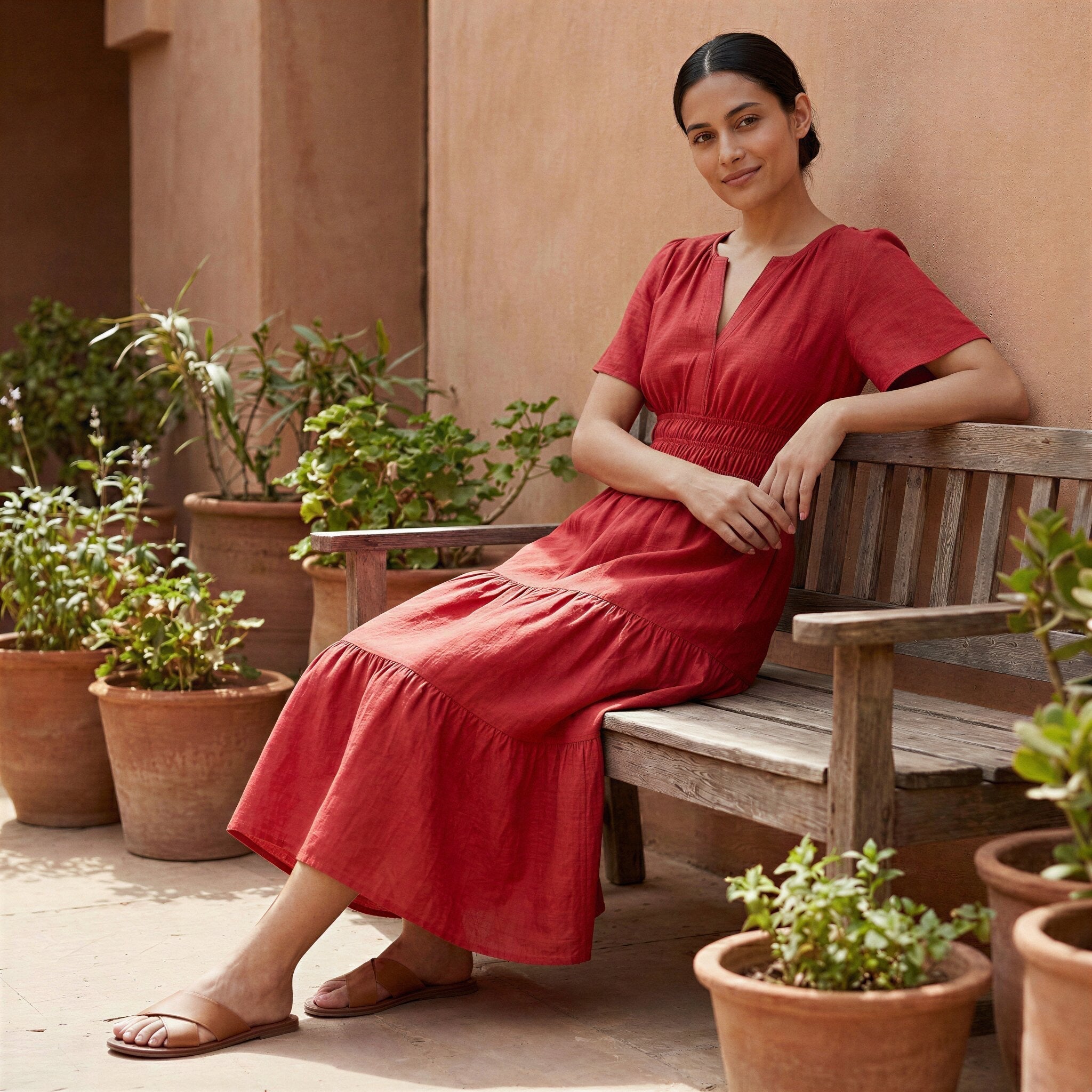 Cherry Red Cotton Flutter Sleeve Tie-Back Tiered Midi Dress