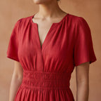 Cherry Red Cotton Flutter Sleeve Tie-Back Tiered Midi Dress