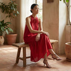 Cherry Red Cotton Halter-Neck Sleeveless Midi Tier Dress