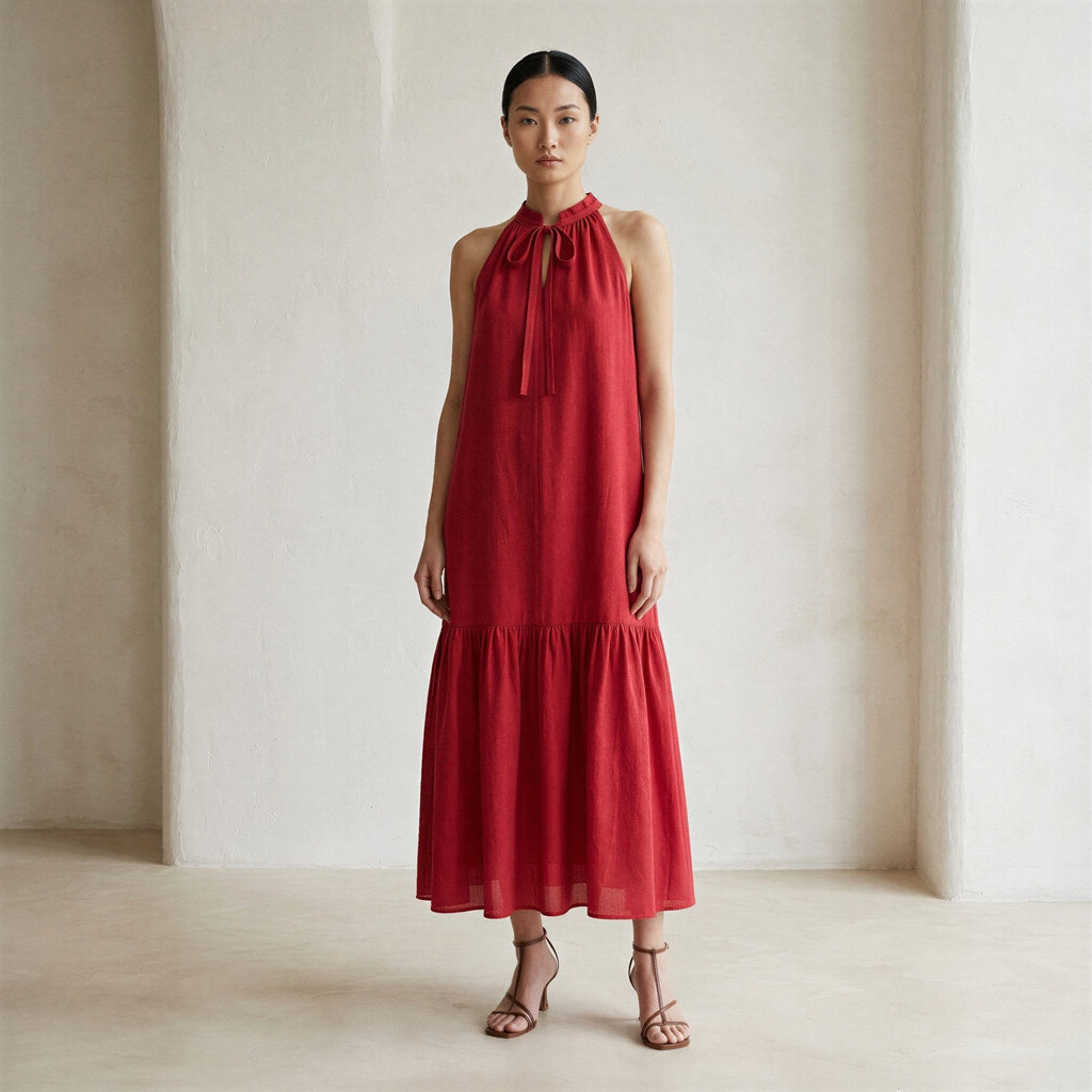 Cherry Red Cotton Halter-Neck Sleeveless Midi Tier Dress