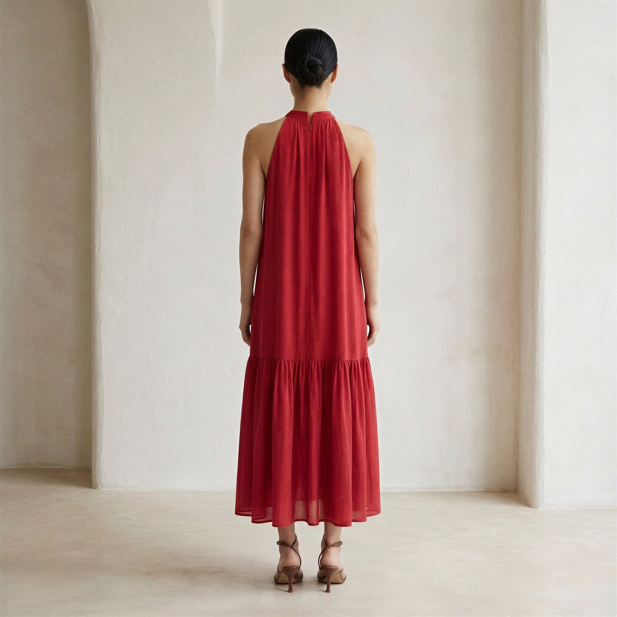Cherry Red Cotton Halter-Neck Sleeveless Midi Tier Dress