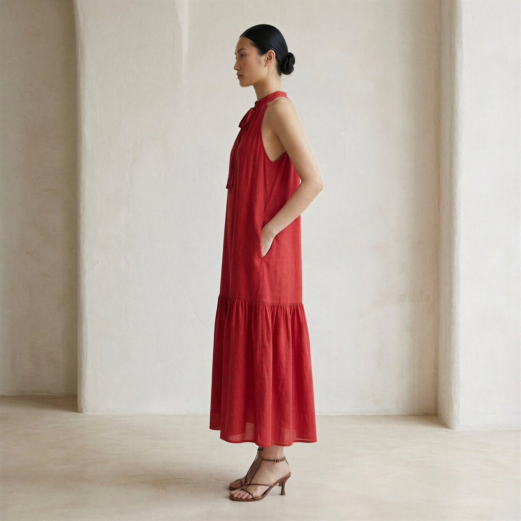Cherry Red Cotton Halter-Neck Sleeveless Midi Tier Dress