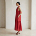 Cherry Red Cotton Halter-Neck Sleeveless Midi Tier Dress