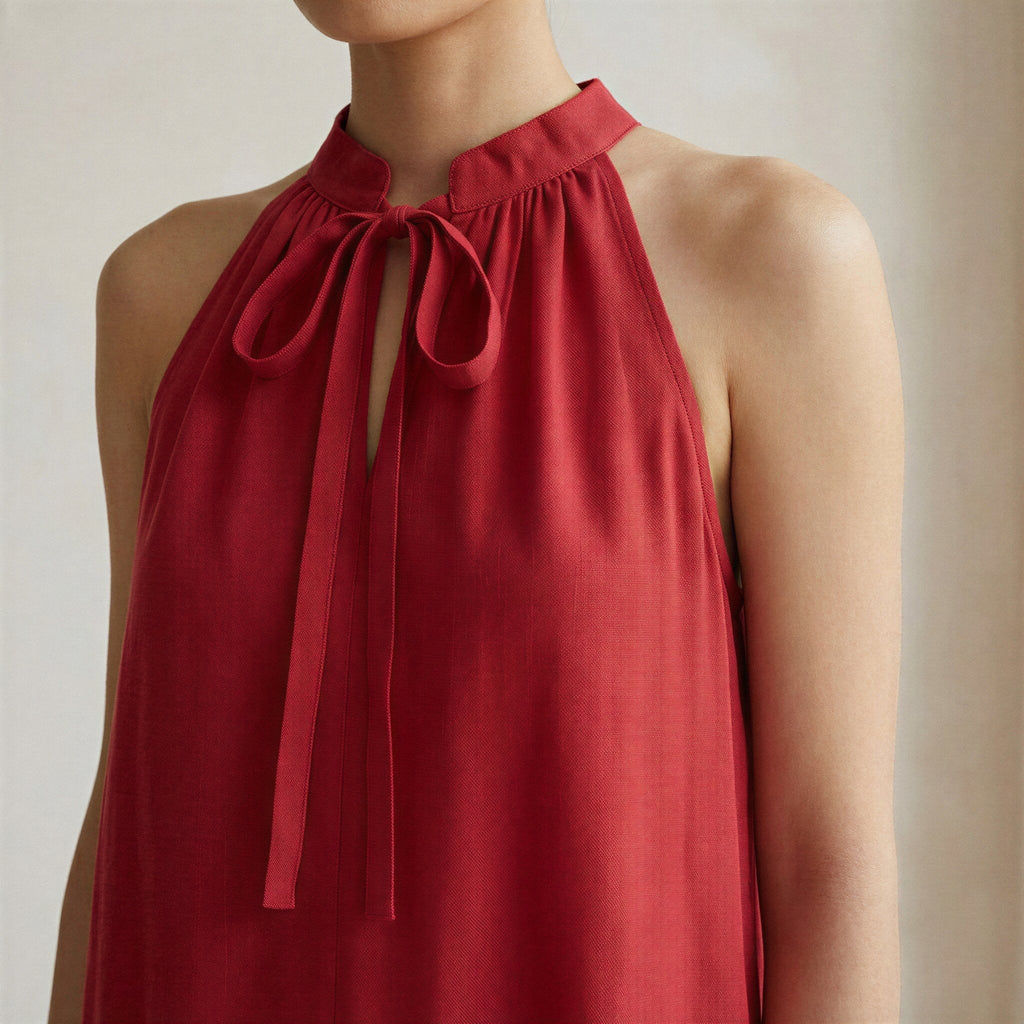 Cherry Red Cotton Halter-Neck Sleeveless Midi Tier Dress