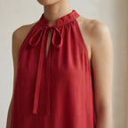 Cherry Red Cotton Halter-Neck Sleeveless Midi Tier Dress