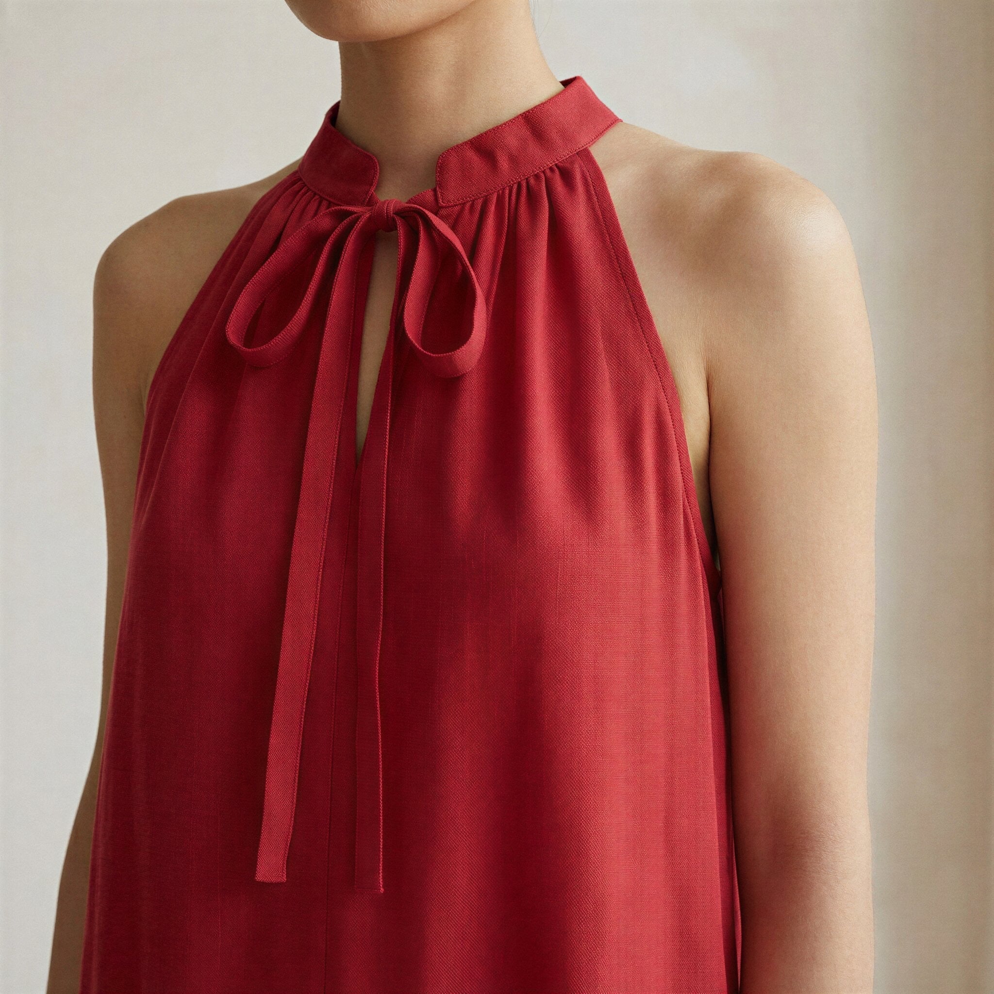 Cherry Red Cotton Halter-Neck Sleeveless Midi Tier Dress