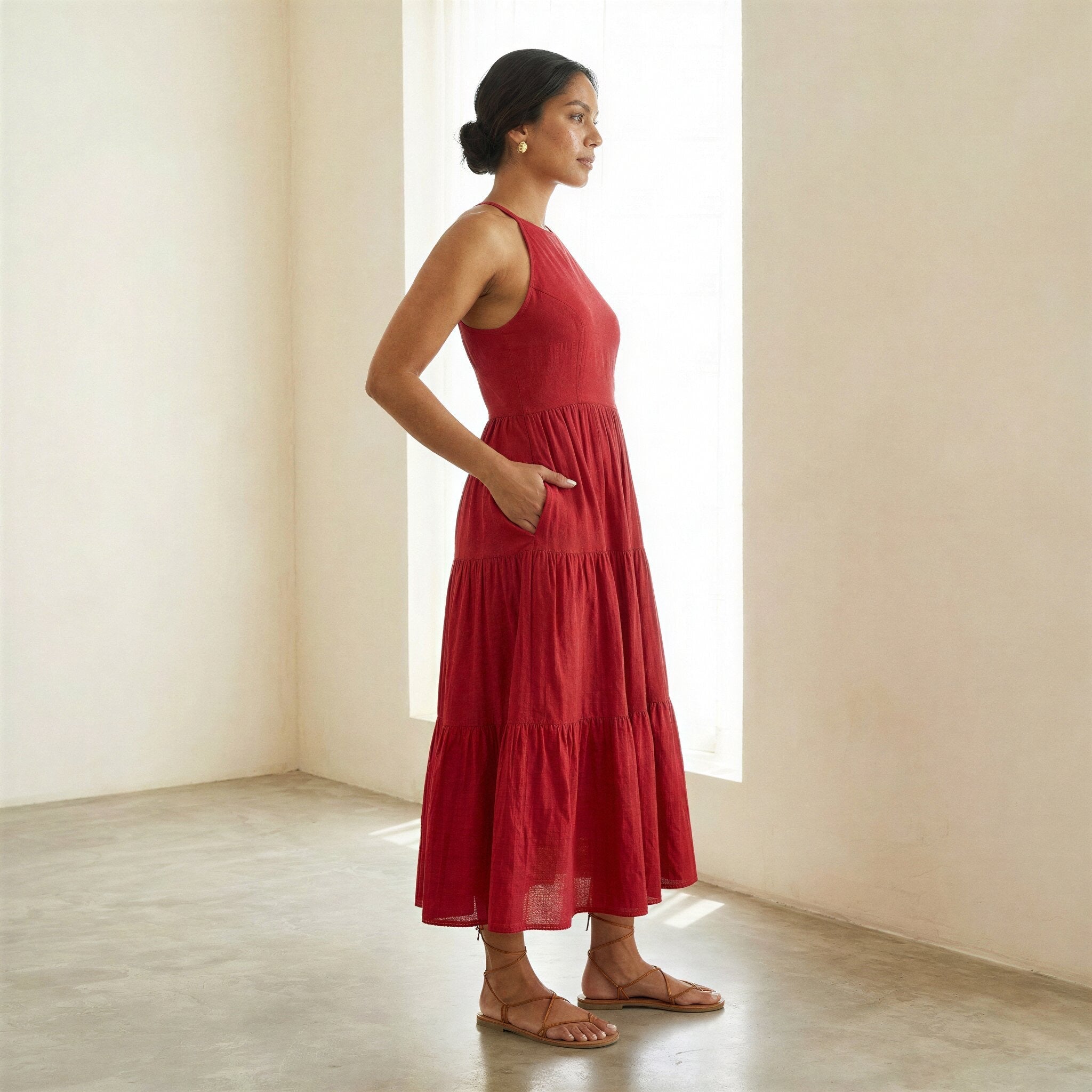Cherry Red Cotton Halter Neck Tier Midi Dress