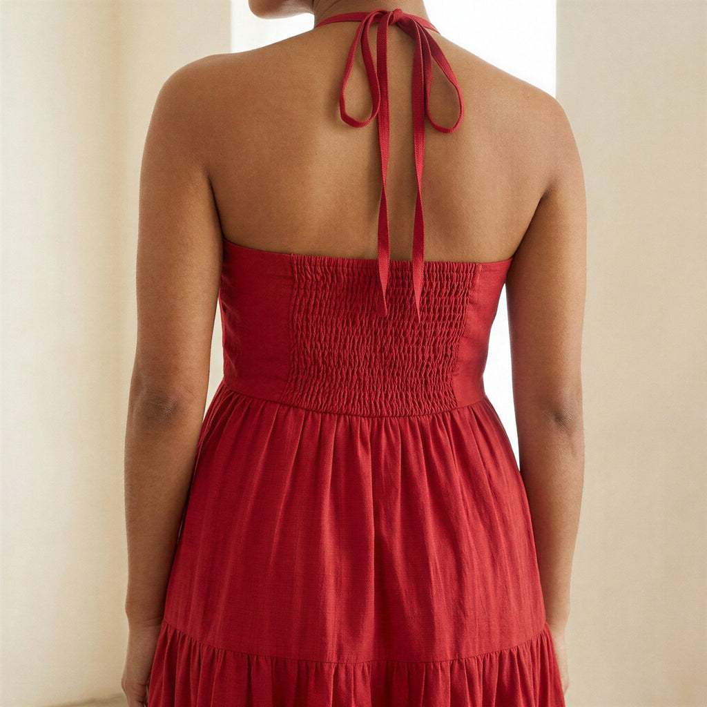 Cherry Red Cotton Halter Neck Tier Midi Dress