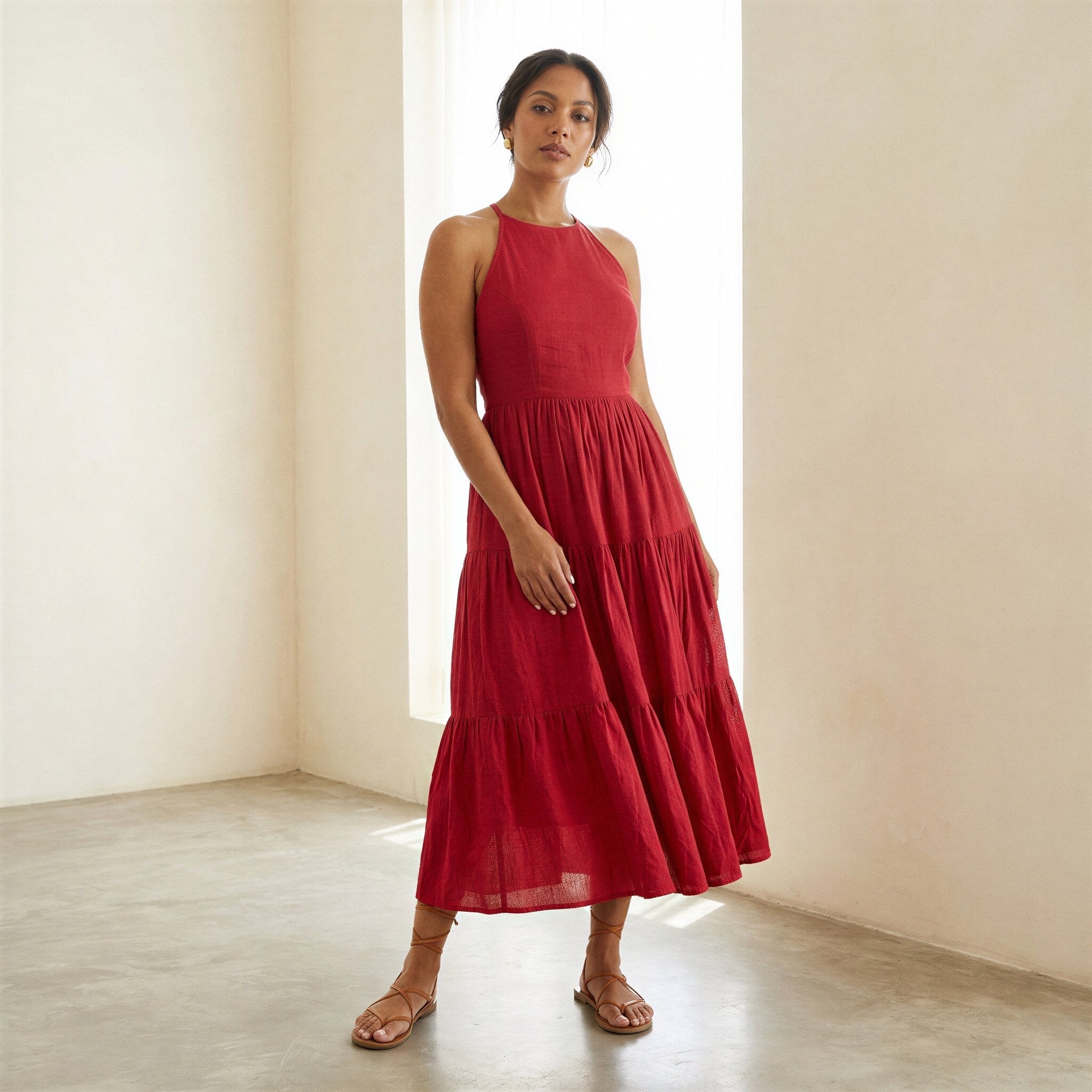 Cherry Red Cotton Halter Neck Tier Midi Dress