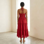 Cherry Red Cotton Halter Neck Tier Midi Dress