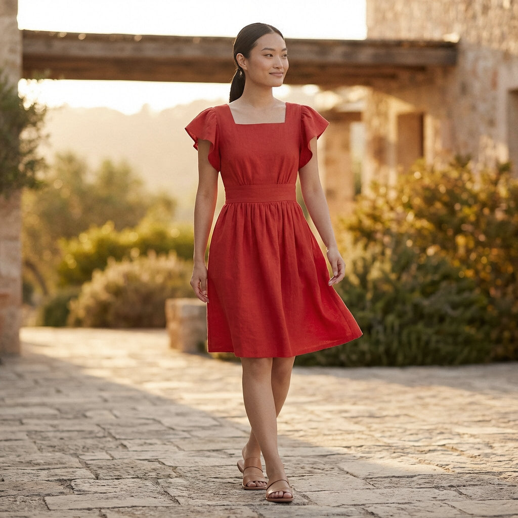 Cherry Red Cotton Open-Back Fit and Flare Knee Length Dress