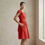 Cherry Red Cotton Open-Back Fit and Flare Knee Length Dress
