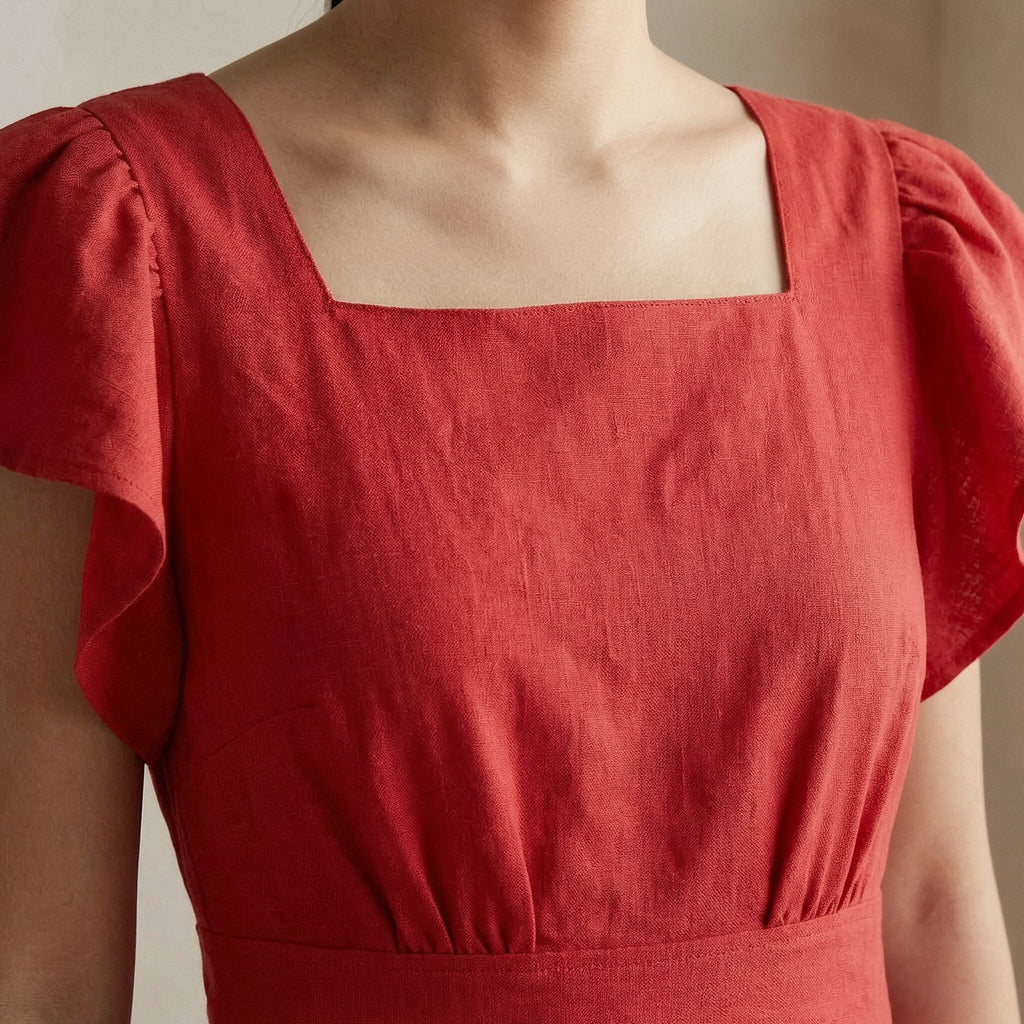 Cherry Red Cotton Open-Back Fit and Flare Knee Length Dress